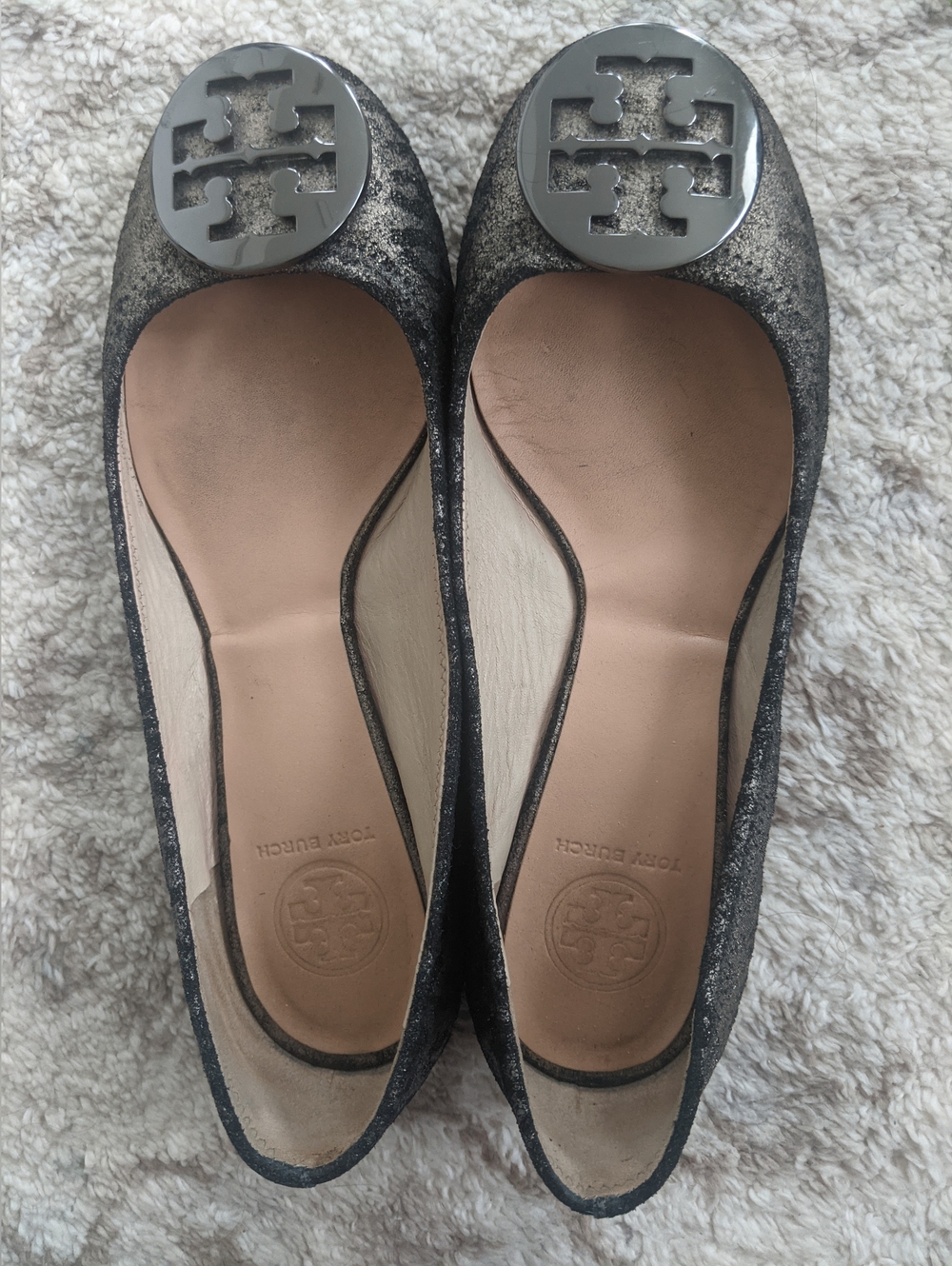 Tory Burch Black Metallic Logo Ballet Flats